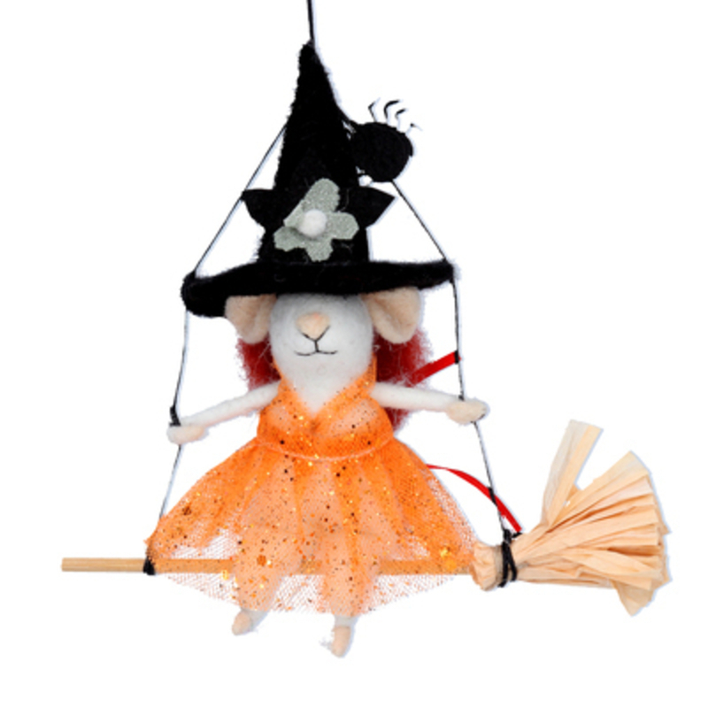 Spook your Halloween guests with this halloween mouse dressed up as a witch sitting on a broom swing by designer Gisela Graham made from wool.  This hanging Halloween mouse will make a great addition to your halloween decorations.